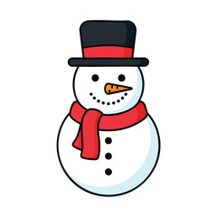 Illustration of a cheerful snowman with a hat and scarf on a white background.