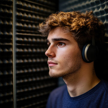 Young man practicing foreign pronunciation in a soundproof booth, language lab environment, perfecting accent and fluency, intense concentration, high-resolution stock photography composition. 