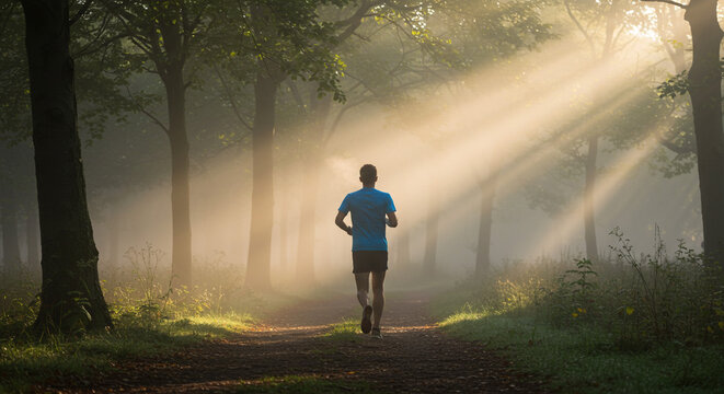 Man running through misty forest bathed in golden morning sunbeams, embracing healthy lifestyle.