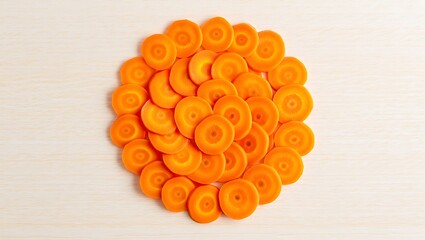 Top View Circular Arrangement of Fresh Carrot Slices Forming a Pattern on a Wooden Surface