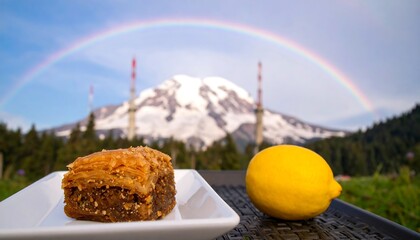 A delectable baklava sits beside a bright lemon, against the backdrop of a majestic mountain range and a vibrant rainbow.