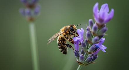 Bee Collecting Nectar from Lavender Flowers on Blurred Green Background