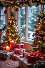 Festive Christmas decor: ornaments, garland, tree, lights, candles, gifts, snow, winter wonderland, gifts, yuletide