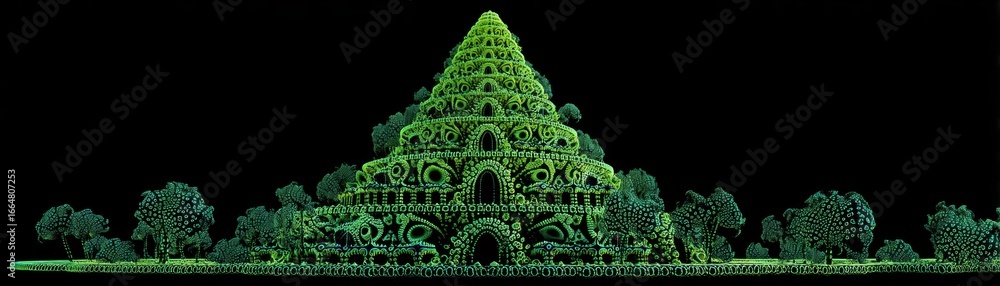 Poster a serene digital artwork showcasing a monastery illuminated by intricate green fractal light pattern