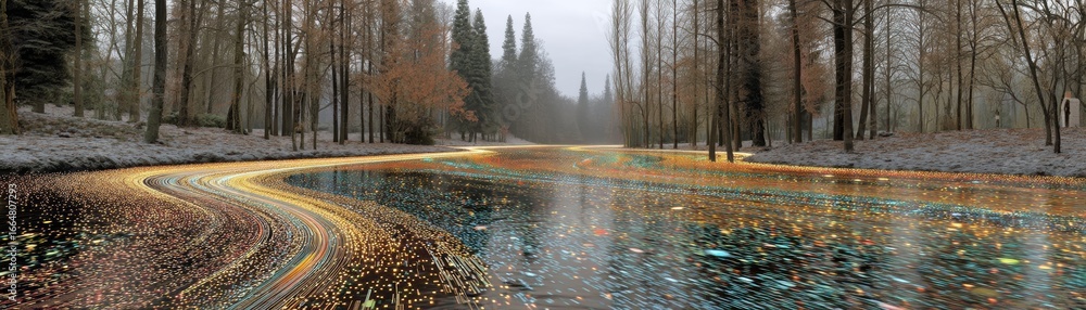 Poster a vibrant ai-generated image of a river illuminated with glowing pixelated streams, showcasing a ble