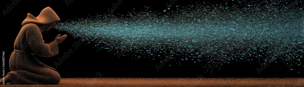 Poster a digital artwork depicting binary particles forming abstract bird shapes with a holographic effect,