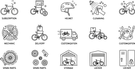  a Bicycle services line icon set. Vector pictograms of subscription, helmet, cleaning, mechanic, delivery, customization, spare parts, storage, locker, thin linear vector art silhouette .