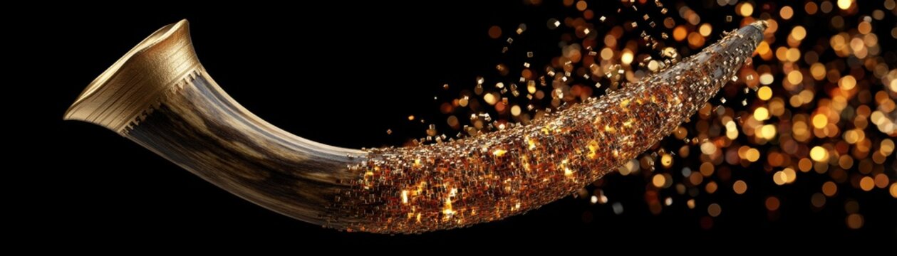 A binary image of swirling particles around an AI-generated shofa, showcasing a blend of digital art and abstract design, Feast of St Francis of Assisi Day with AI integrated