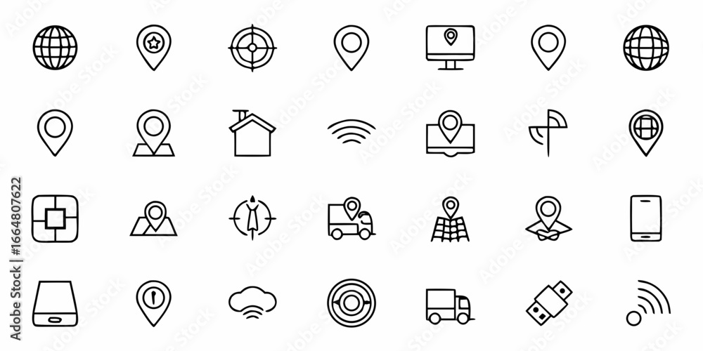 Poster collection of location icons representing various navigation and connectivity related elements desig