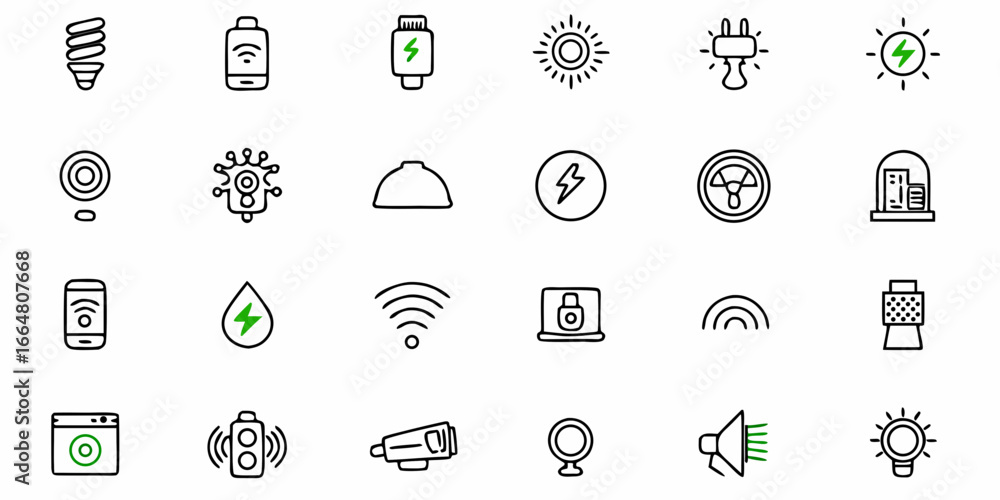 Poster collection of various energy and technology related icons in a simple outline style design layout