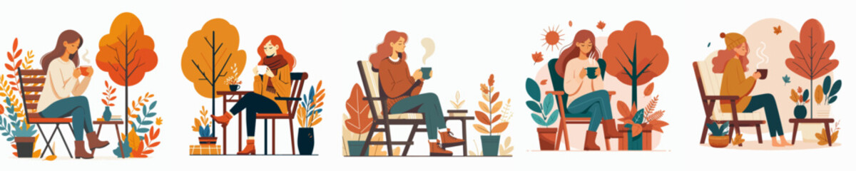 vector of a woman drinking warm coffee in autumn