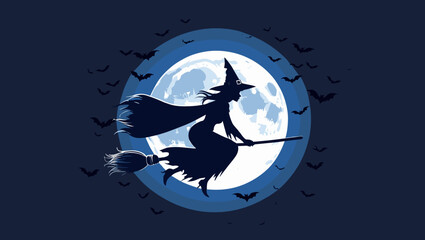 Fototapeta premium Silhouette of a witch flying on a broomstick against the full moon with bats in a spooky design