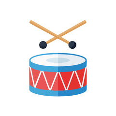 Flat design illustration of a red and blue drum with two crossed drumsticks.