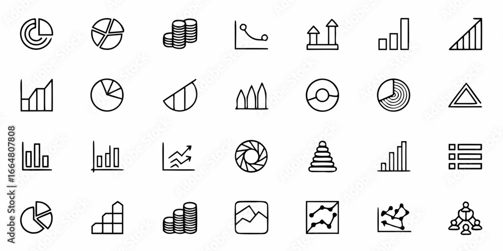 Poster illustration of various data visualization icons including charts graphs and business related elemen