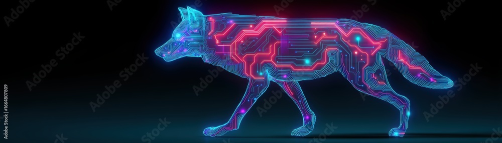 Poster a digital artwork of a glowing wolf adorned with ai circuit patterns, blending technology and nature