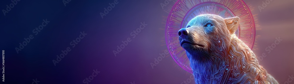 Poster a digital artwork of a glowing wolf embedded with ai circuit patterns, showcasing futuristic technol