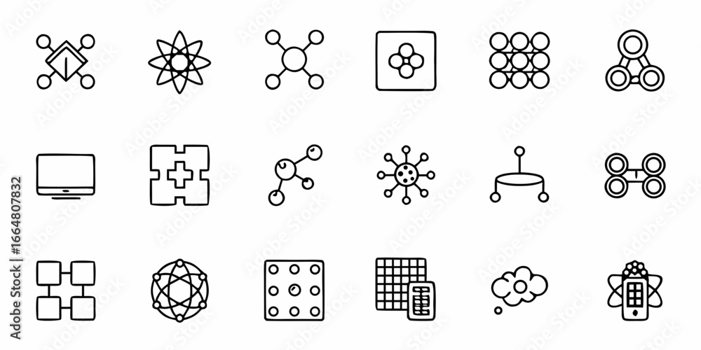 Poster collection of science and technology icons including molecules and computer related symbols drawn in