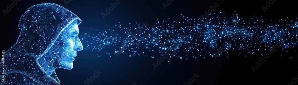 Poster digital artwork depicting a glowing wolf adorned with ai circuit patterns, combining technology and 