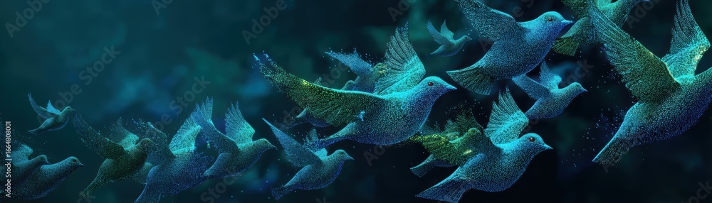 Poster a visually striking image of a drone flock creating glowing bird shapes in the night sky, showcasing