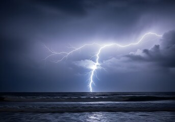 Dramatic Seascape with Lightning Strike at Night