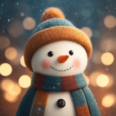 Snowman wearing a colorful hat and scarf stands against a blurred background of softly glowing lights during winter