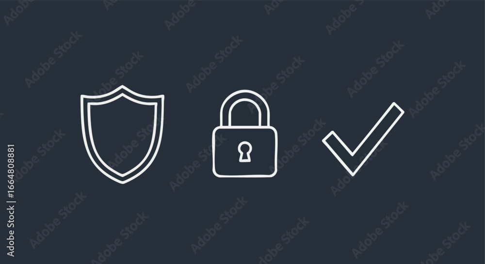 Aufkleber digital security assurance elements concept: shield, padlock and tick on dark background representin