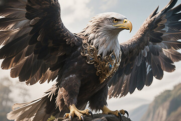 Fototapeta premium Majestic Bald Eagle: Wings Spread Wide in Dramatic Landscape