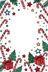 Fototapeta premium Festive Christmas doodles background featuring candy canes, stars, snow, trees, and gifts, joyful, holiday, gift