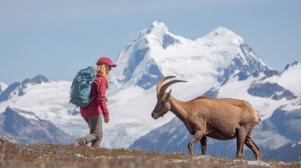 Hiking woman and alpine ibex in a mountainous landscape.