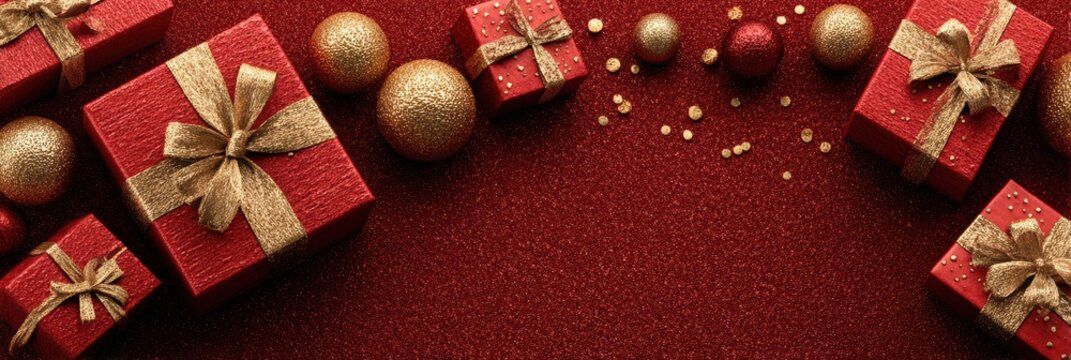 Elegant holiday gift arrangement with red boxes and golden decorations on a festive backdrop
