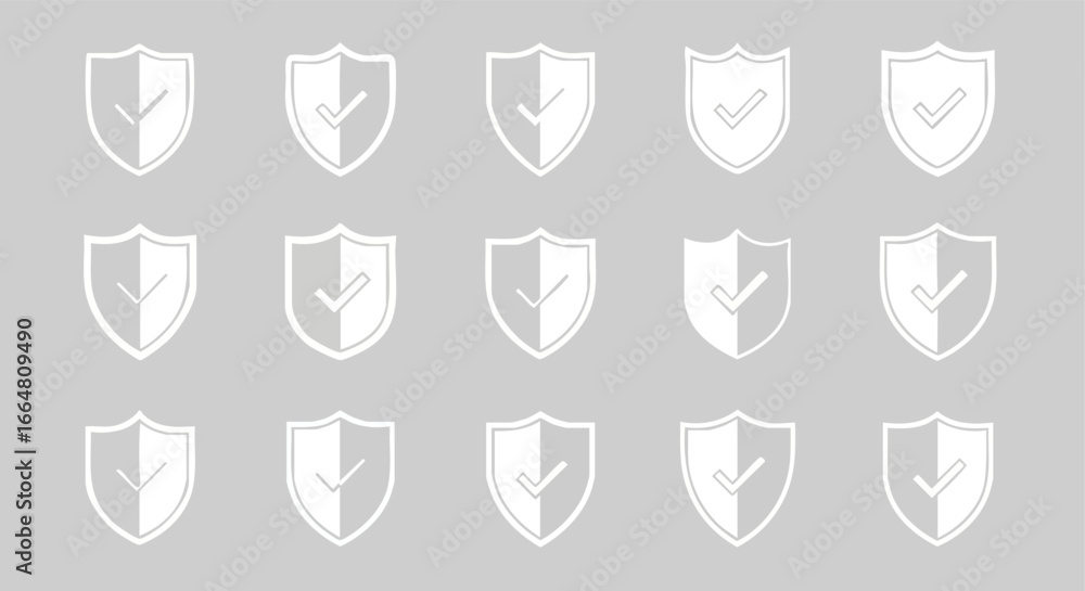 Poster collection of minimalist vector security shield icons representing approval and protection in an abs