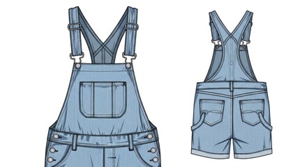 Front and back view of short denim overalls with adjustable straps and pockets