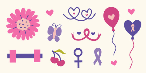 Breast cancer awareness month elements collection. Sticker set for oncology fighters. Icon collection in pink color. Cartoon doodles for poster, social media, sticker, printables, banner, infographic.