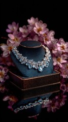 Obraz premium Elegant jewelry display featuring a sparkling necklace on a velvet stand surrounded by delicate pink blossoms