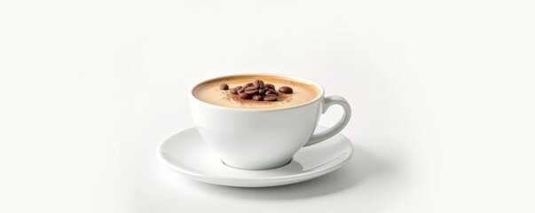 A cup of aromatic cafe latte with a sprinkle of coffee beans on a pristine white background