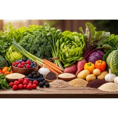 Fresh vegetables, berries and grains providing healthy nutrition