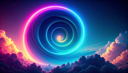 Psychedelic Neon Spiral Circle in Colorful Sky.