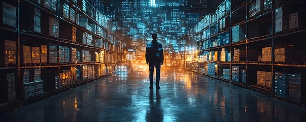 A hacker surrounded by floating holograms in a dark warehouse