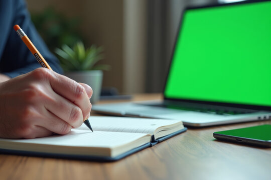 A person writes on note on a laptop background with a green screen. A versatile chroma key mockup for showcasing websites or video content. AI