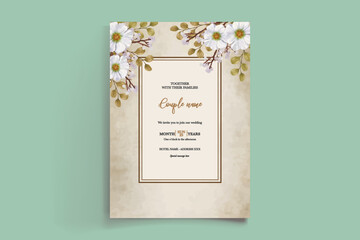 WEDDING INVITATION FRAME WITH FLOWER DECORATIONS AND FRESH LEAVES