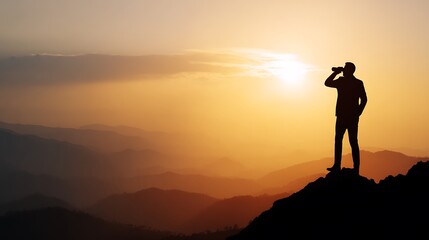 Man Silhouette Observing Horizon at Sunset on Mountain Top Landscape