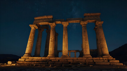 Obraz premium Greek temple ruins under moonlight, Travel photography