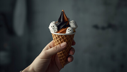A hand holds a Halloween-themed ice cream cone, adorned with ghost-shaped marshmallows and chocolate.