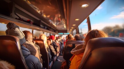 Fototapeta premium Diverse Passengers on Long Bus Journey under Warm Studio Lighting with Tilt-Shift Effect, Fill the Frame