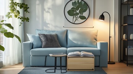 Scandinavian Living Corner: Light Blue Two-Seater Fabric Sofa with Botanical Art and Floor Lamp in Natural Light Ambiance