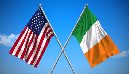 American and Irish flags crossed against a clear sky