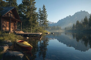 Obraz premium A peaceful summer scene with a wooden cabin by a calm lake, colorful kayak floating near the dock, pine trees reflecting on the water, mountain range in the distance, early morning mist, no people.