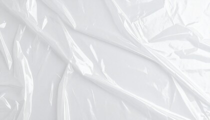 Wrinkled transparent plastic sheet with glossy reflections on white background.