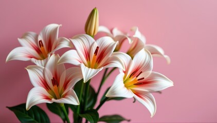 Fototapeta premium Delicate arum lily blossoms against a soft pink backdrop, creating a romantic and elegant floral arrangement, summer, blossoms, romantic