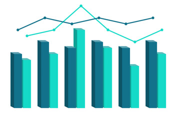 Blue 3D bar chart with trend lines for analytics